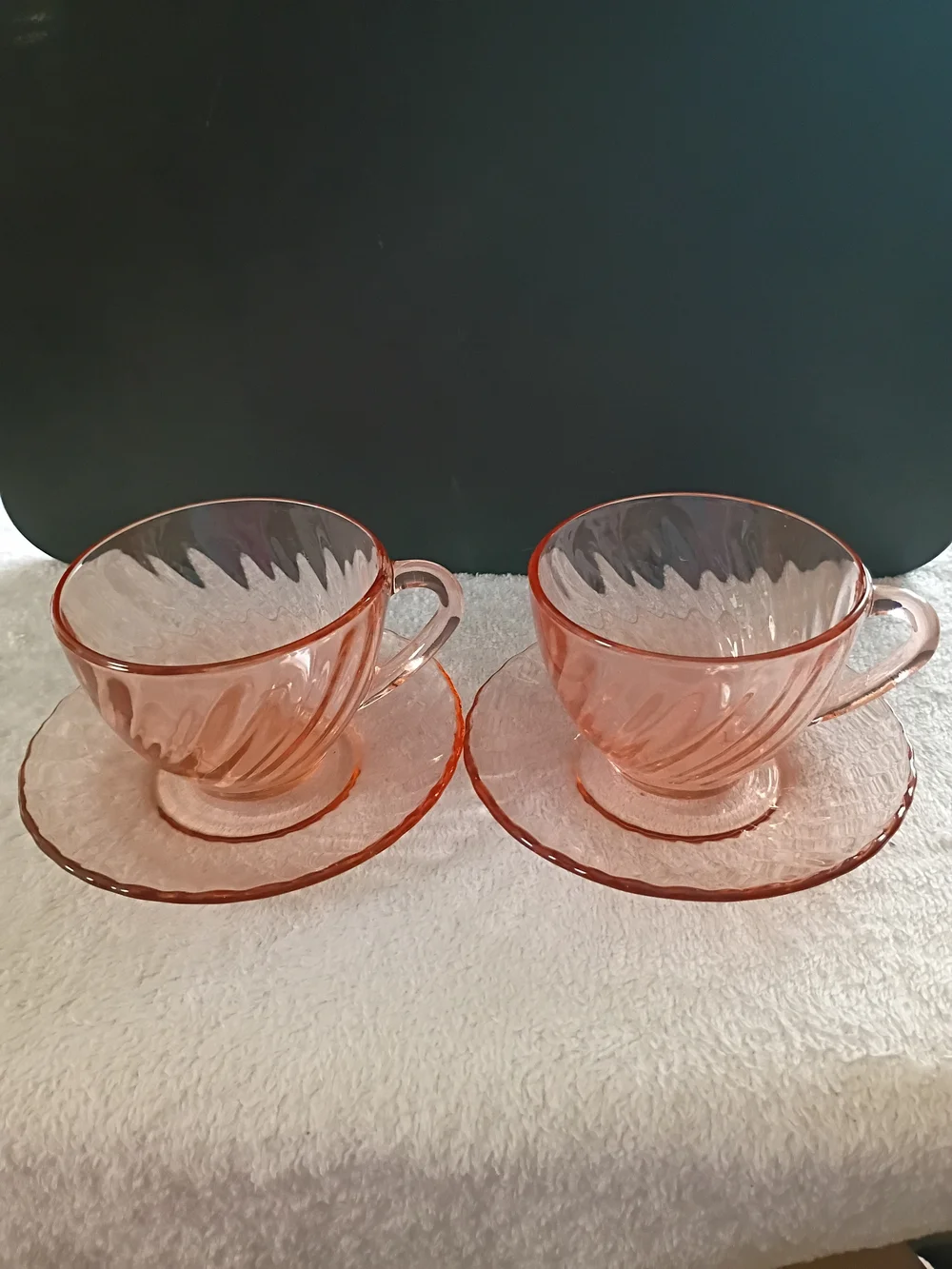 Arcocroc Rosaline Pink Swirl Glass Teacup and Saucer Set